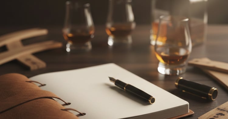 Minimalist reflection worksheet styled like whiskey tasting notes, inviting leaders to consider the “fire” in their current season through prompts on activation, filtering, and long-term significance.